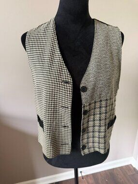 m.j. carroll Vintage Black & Cream Mixed Print Button Vest Small